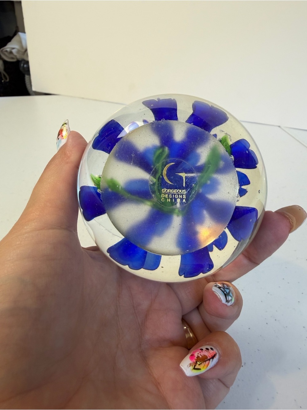 Art Glass Paperweight Blue Flower Butterfly Controlled Bubble Orb Sphere Decor - Picture 6 of 7